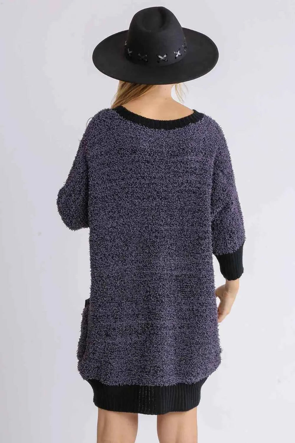 Umgee Full Size Ribbed Hem Round Neck 3/4 Sleeve Sweater Dress with Pockets Plus Size