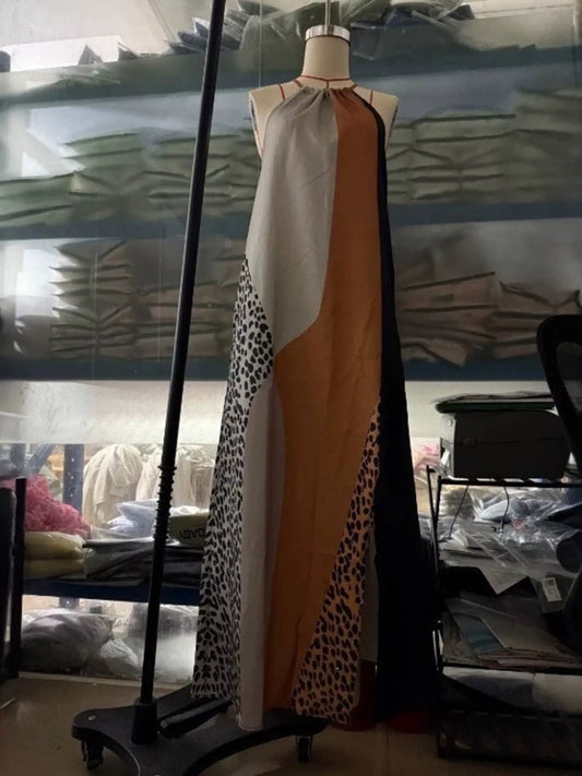 Color-Block Leopard Print Sleeveless Maxi Dress with Slit