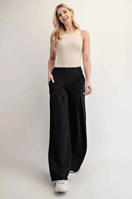 Celeste Full Size Ribbed Wide-Leg Pants with Pockets Plus Size