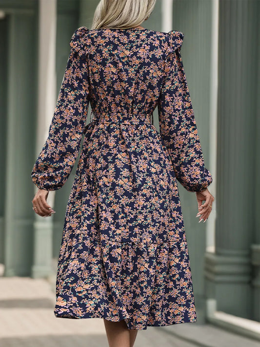 Printed Surplice Long Sleeve Midi Dress with Tie