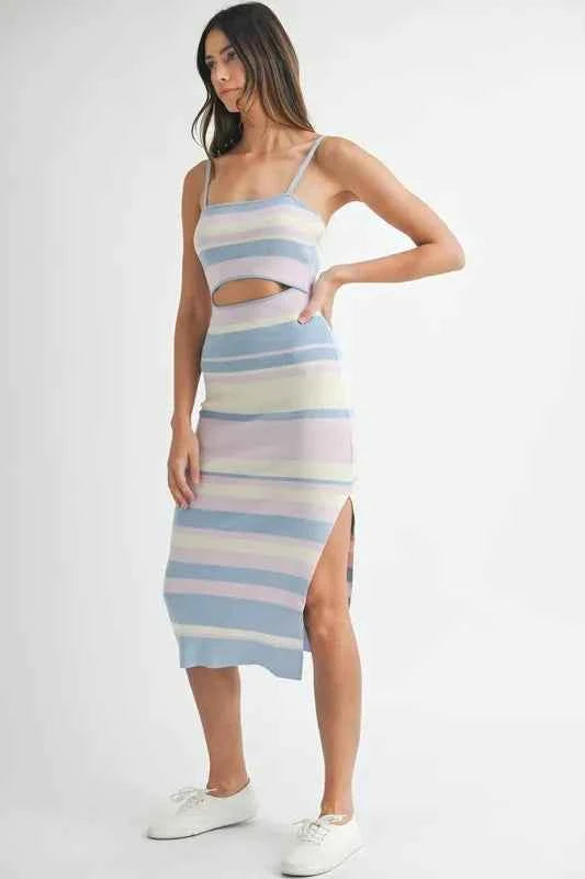 MABLE Multi Color Striped Front Cutout Knit Midi Dress
