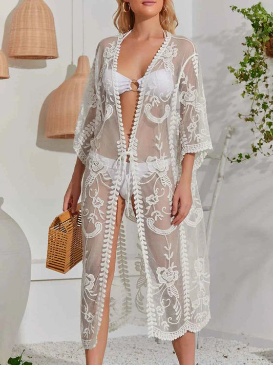 Lace Detail Open Front Longline Cover-Up