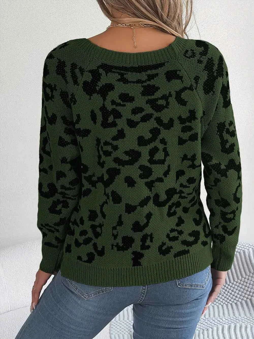 Leopard Buttoned Square Neck Sweater