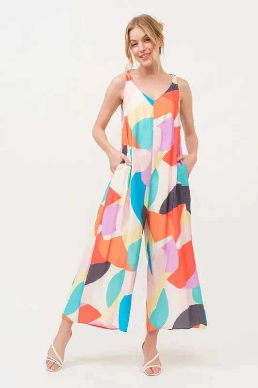 And The Why Tied Shoulder Straps Wide-Leg Geo Print Jumpsuit