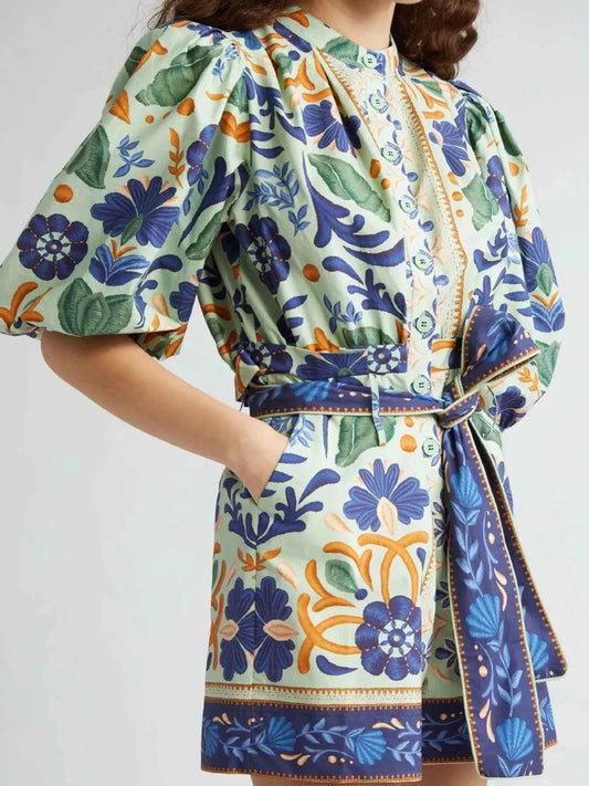 Floral Print Button Front Belted Romper