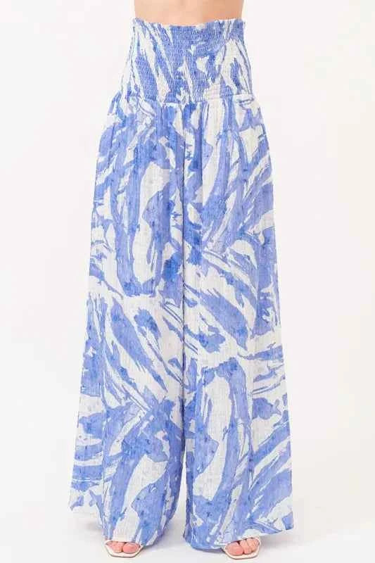 And The Why Smocked Tied Waist Abstract Print Wide Leg Pants