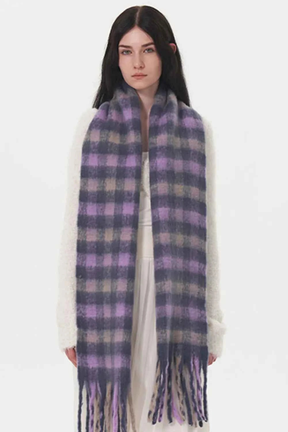 Fringe Plaid Polyester Scarf