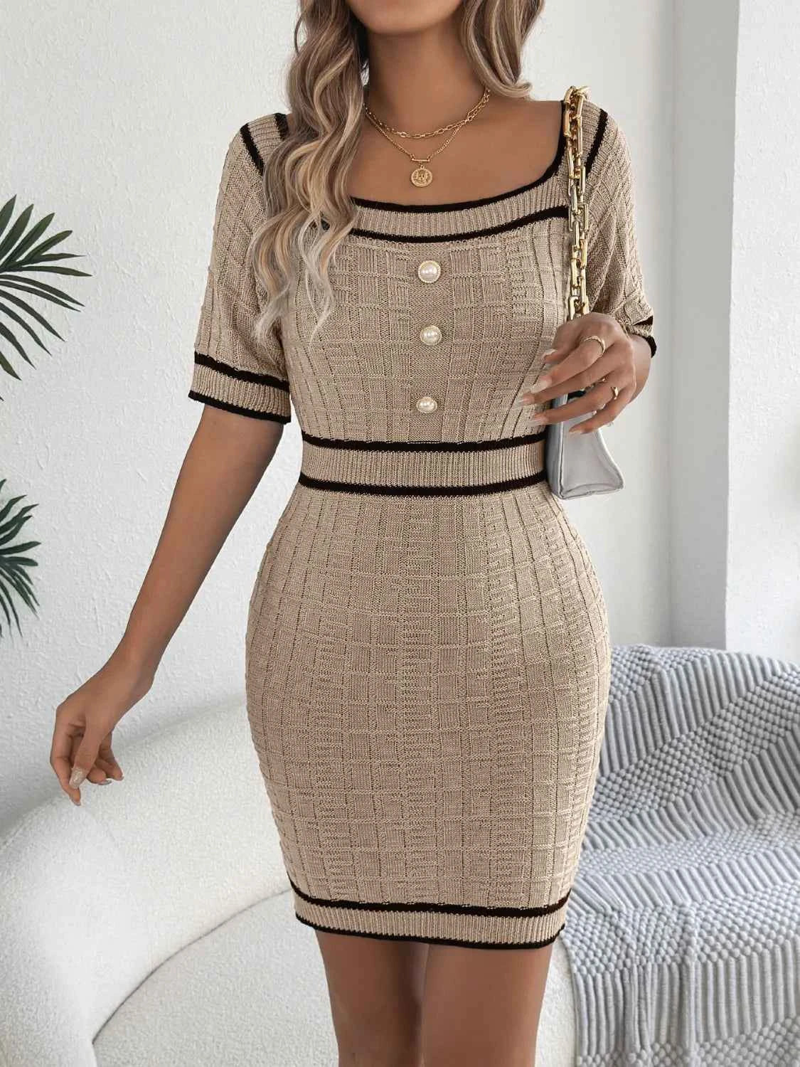 Decorative Button Short Sleeve Sweater Dress