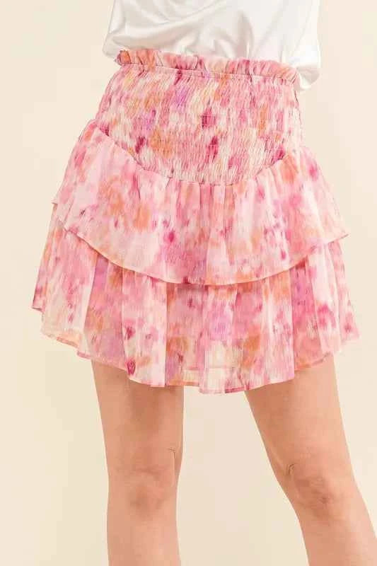 And The Why Printed Lurex Smocked Waist Tiered Skort
