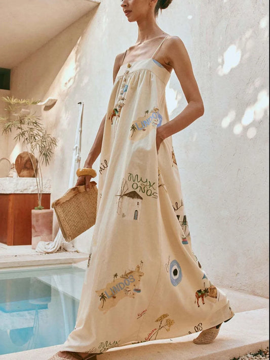 Boho Print Cami Maxi Dress with Pockets