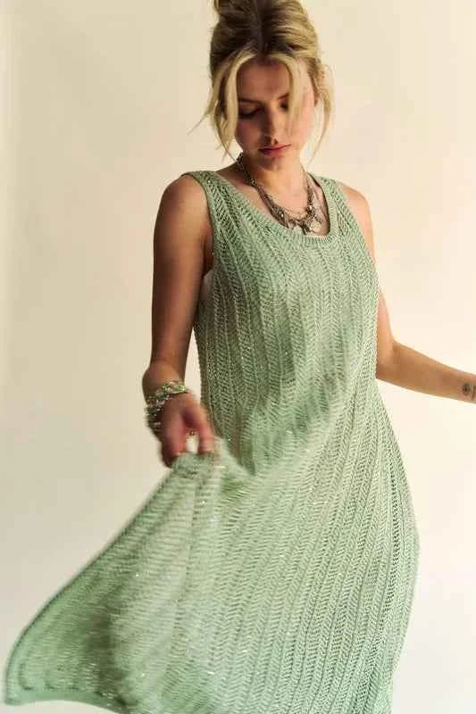 Davi & Dani Knit Side Slit Round Neck Sleeveless Dress & Bag
