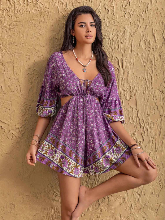 Tied Front Cutout Printed Romper
