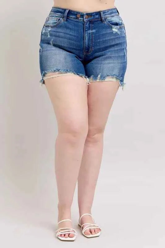 Judy Blue Plus Size 2 Button Dad Shorts with Destrroy