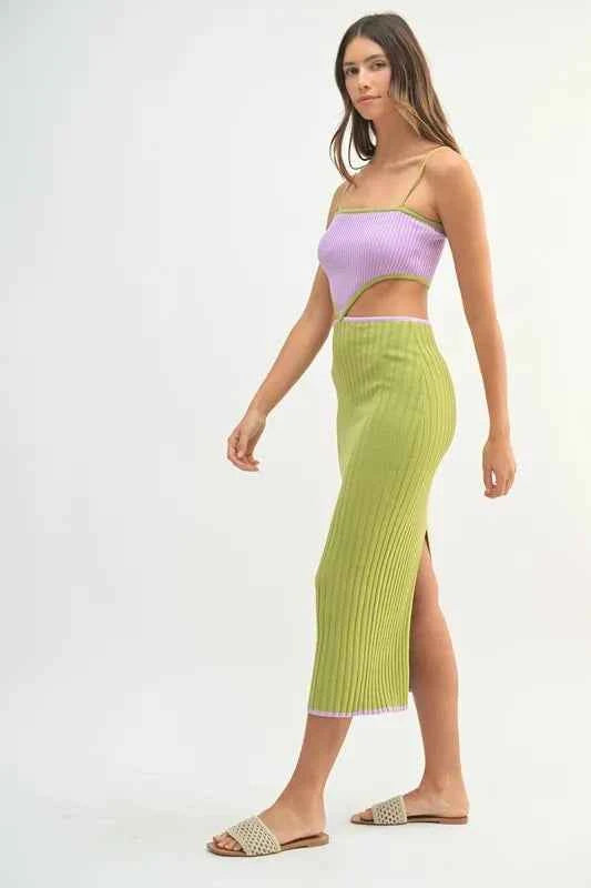 MABLE Ribbed Knit Color Block Cutout Midi Dress
