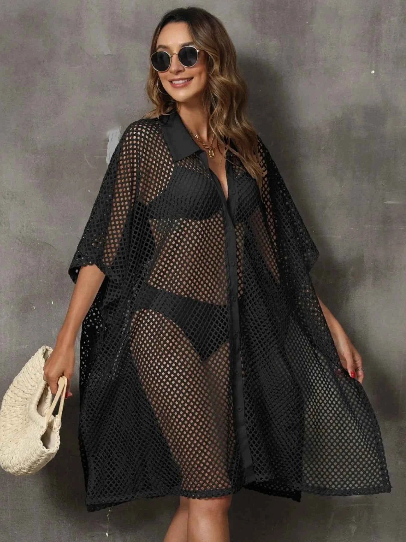 Sheer Mesh Button Up Cover Up