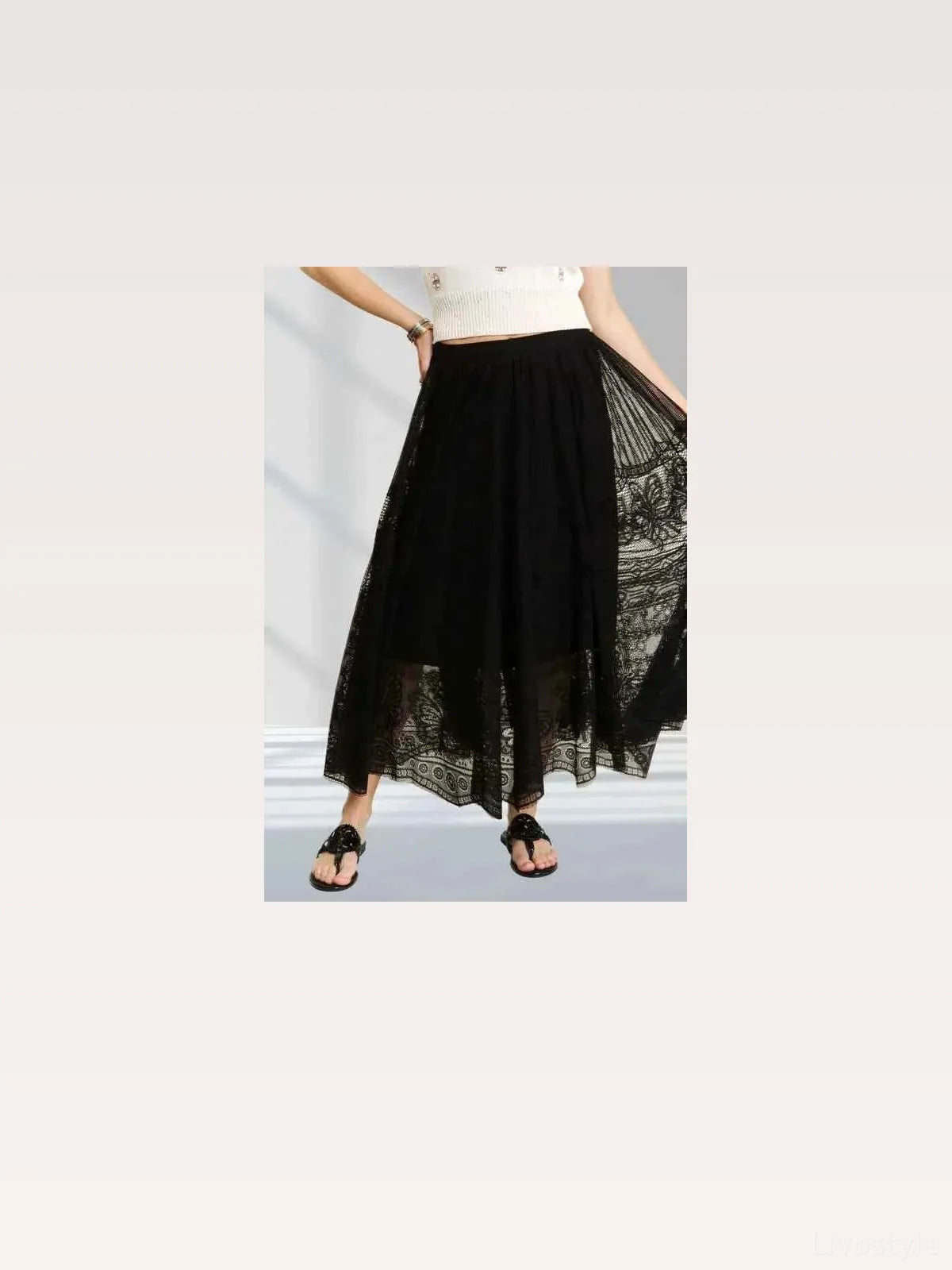 Elastic Waist Raw Hem Lace Maxi Skirt — styled showcase — Livostyle