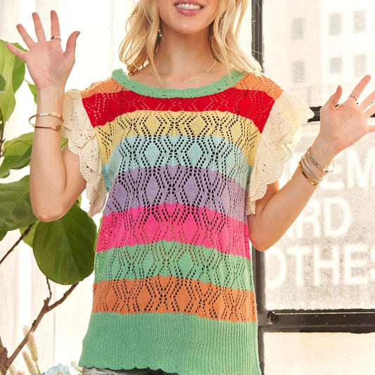 Stylish Crochet Top with Eyelet Sleeves & Multicolor Design — square view — Livostyle