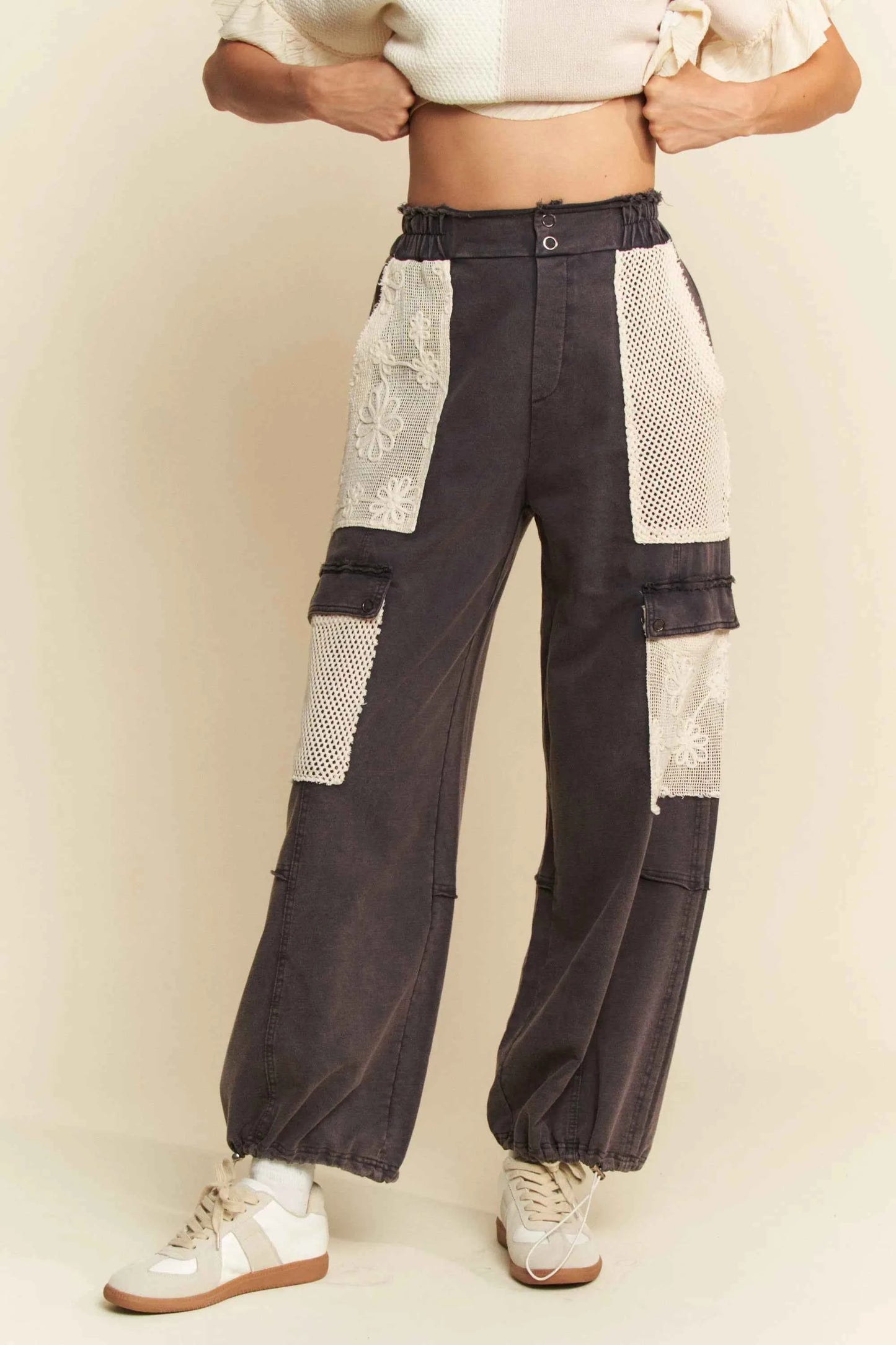 Davi & Dani Lace Patchwork Bottom Opening Adjustable Pants