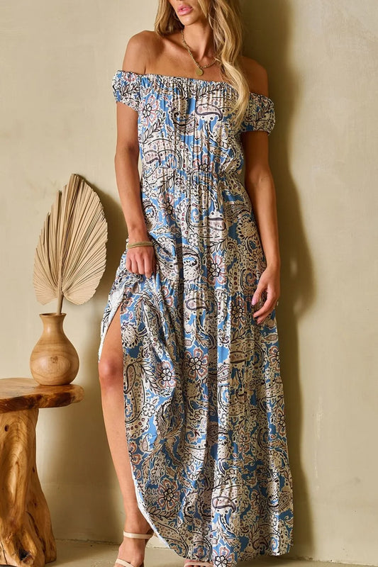 Boho Paisley Print Off-Shoulder Maxi Dress