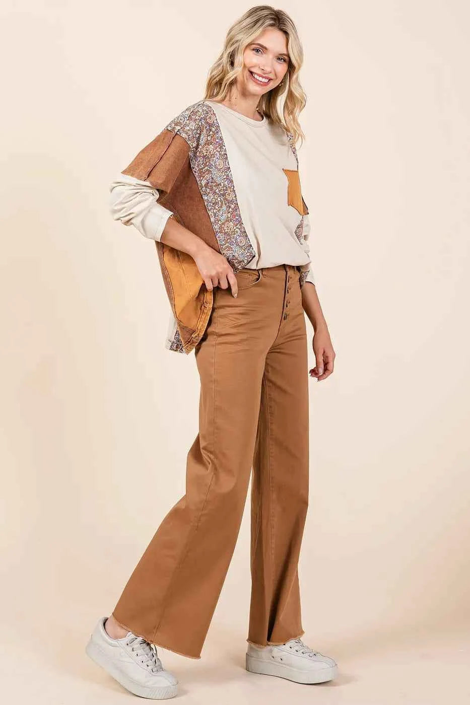 Mittoshop Twill High Waisted Button Fly Wide Leg Pants