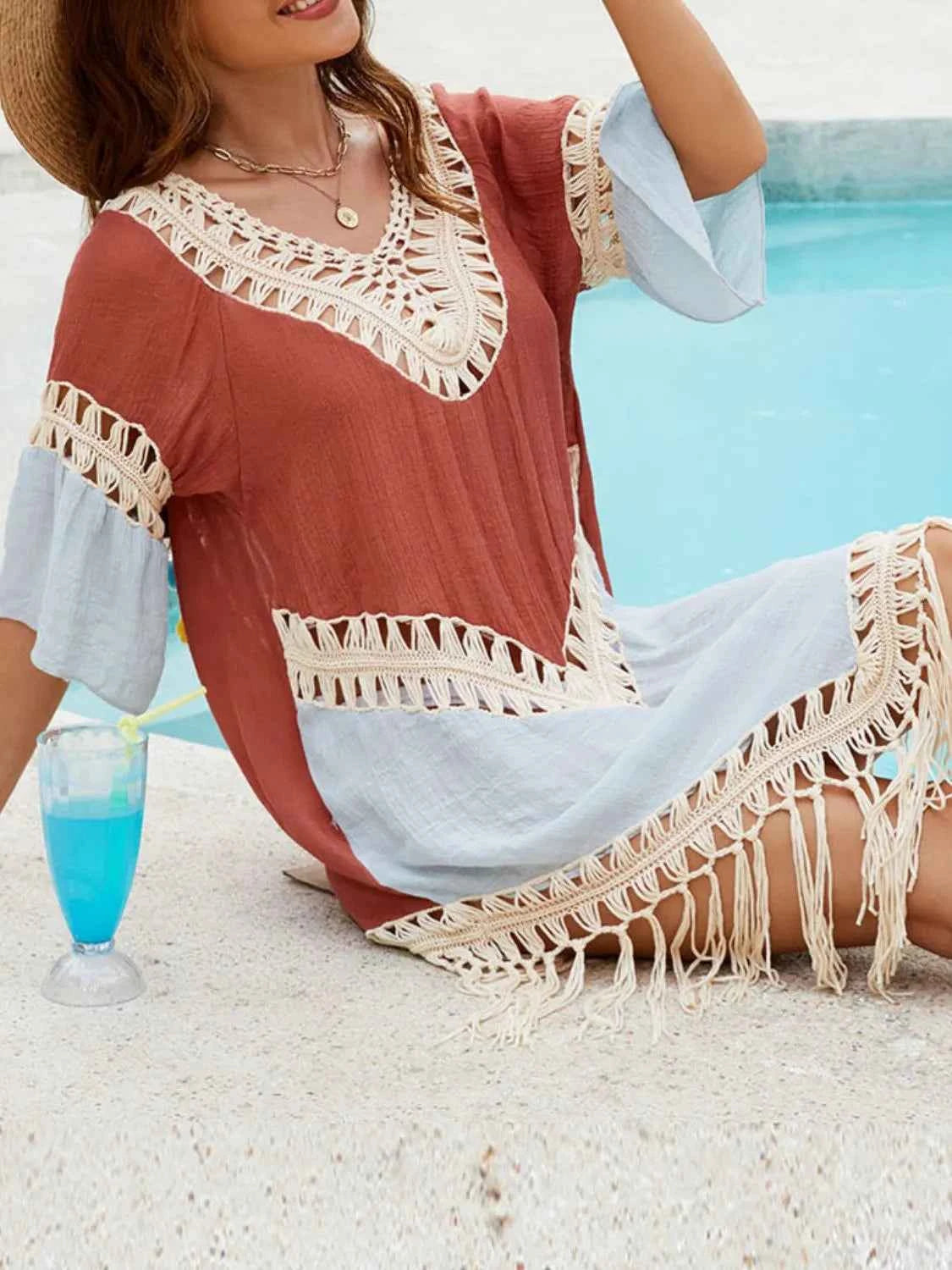 Backless Tassel Hem V-Neck Cover-Up