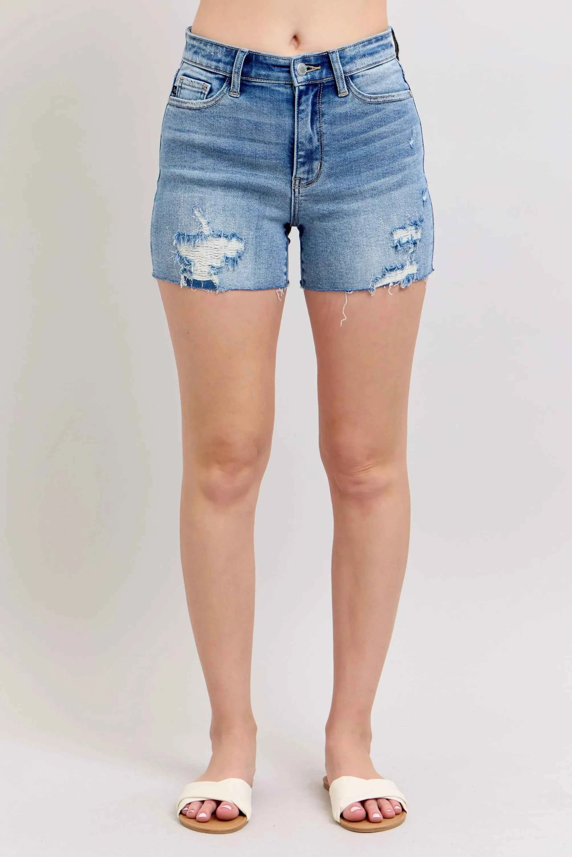 Judy Blue Full Size High Waist Denim Shorts W/stitch Over Destroy Detail Plus Size