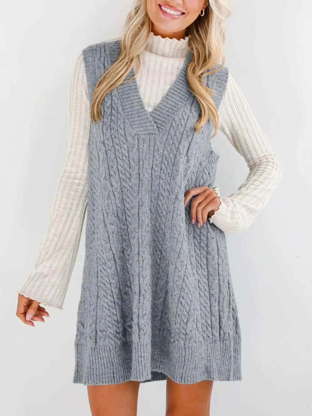 Lovelet Cable Knit V-Neck Mini Sweater Overall Dress