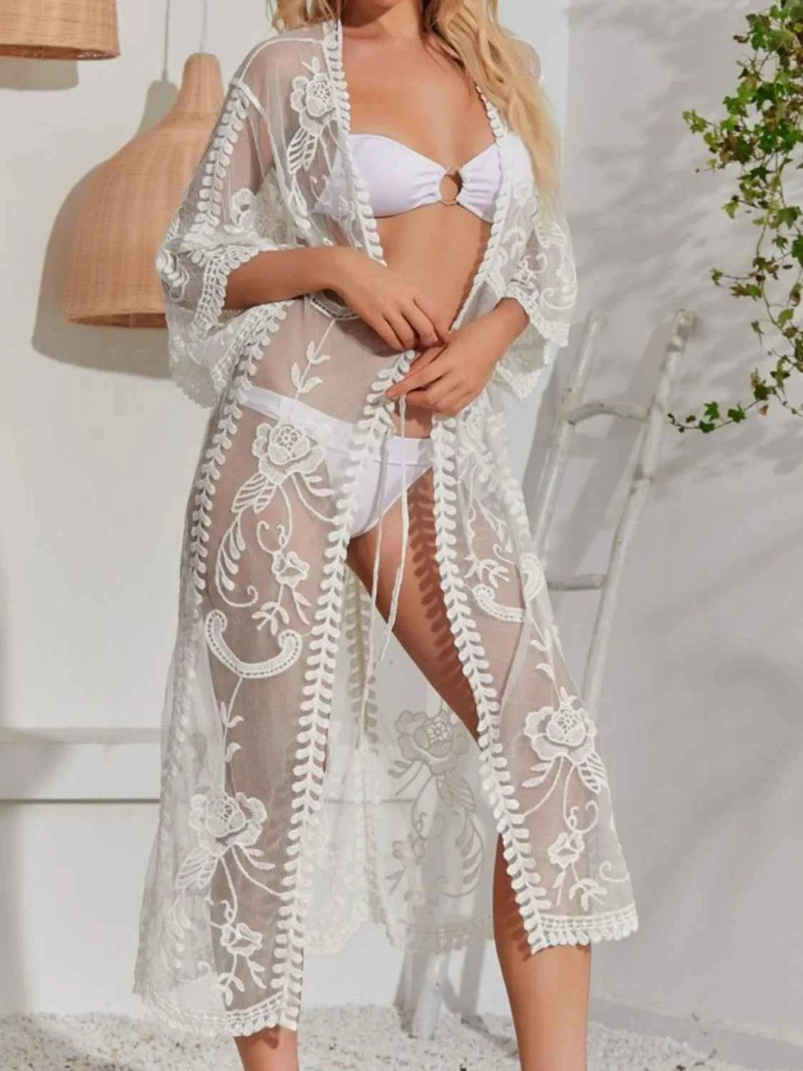 Lace Detail Open Front Longline Cover-Up