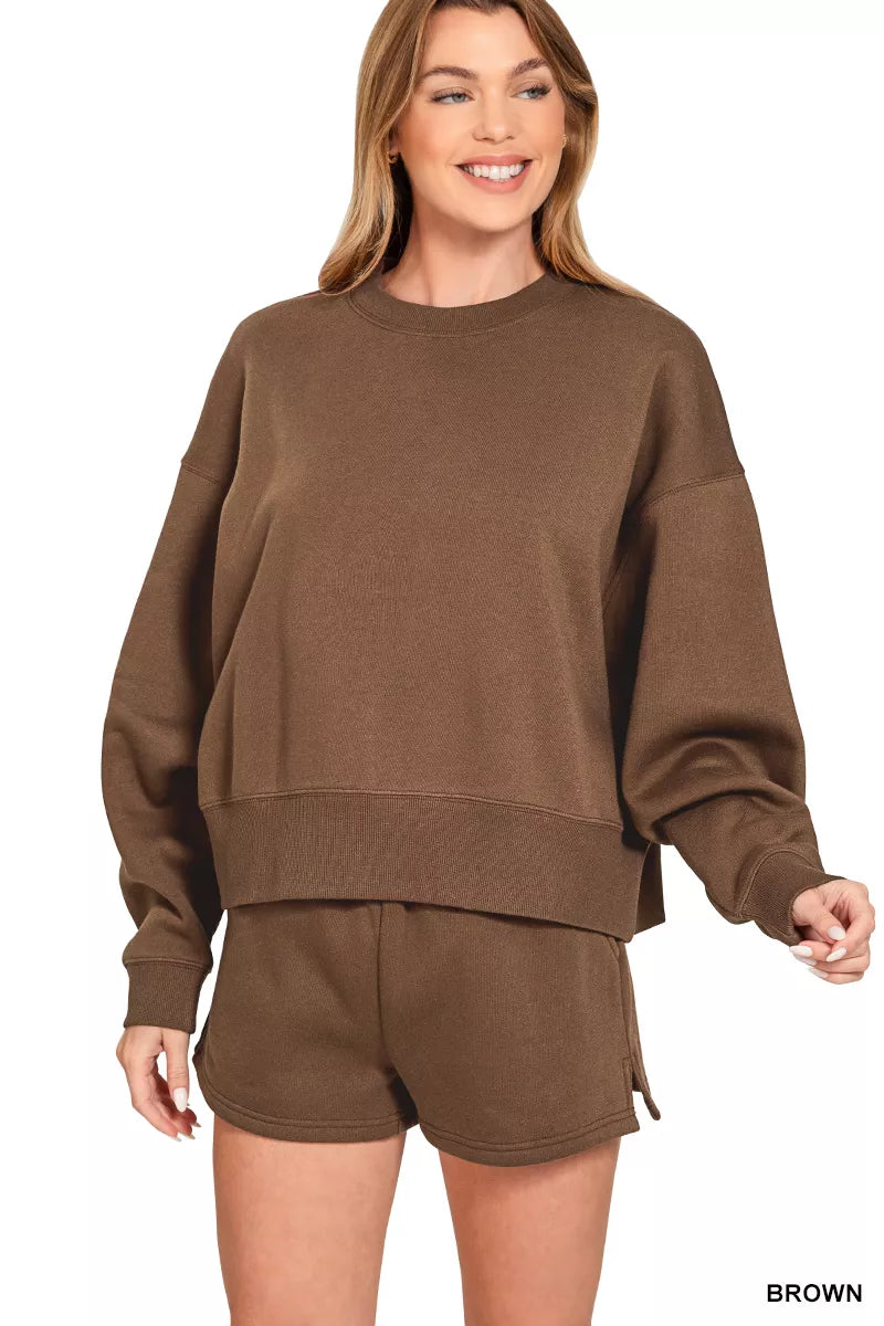 Fleece Round Neck Sweatshirt and Shorts Set in Brown
