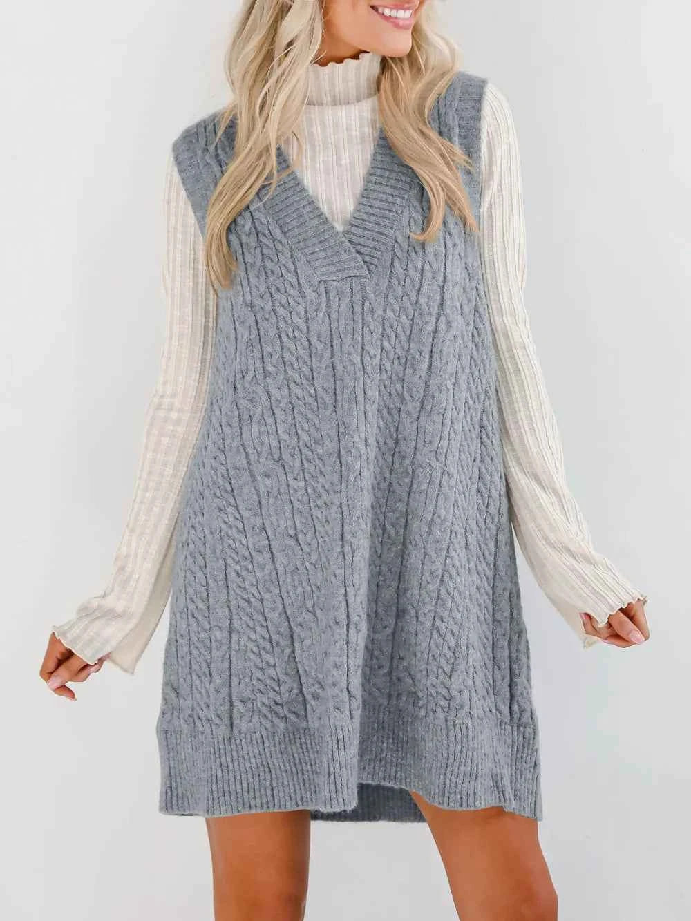 Lovelet Cable Knit V-Neck Mini Sweater Overall Dress