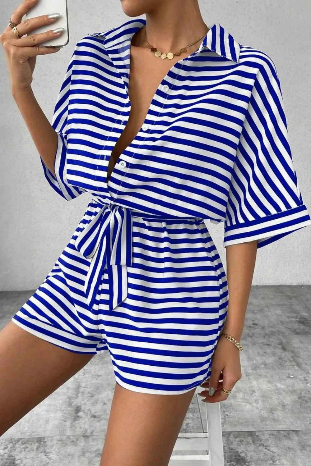 Striped Collared Neck Tie Waist Romper