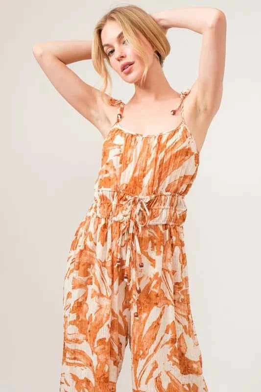 And The Why Waist Strings Abstract Print Wide Leg Jumpsuit
