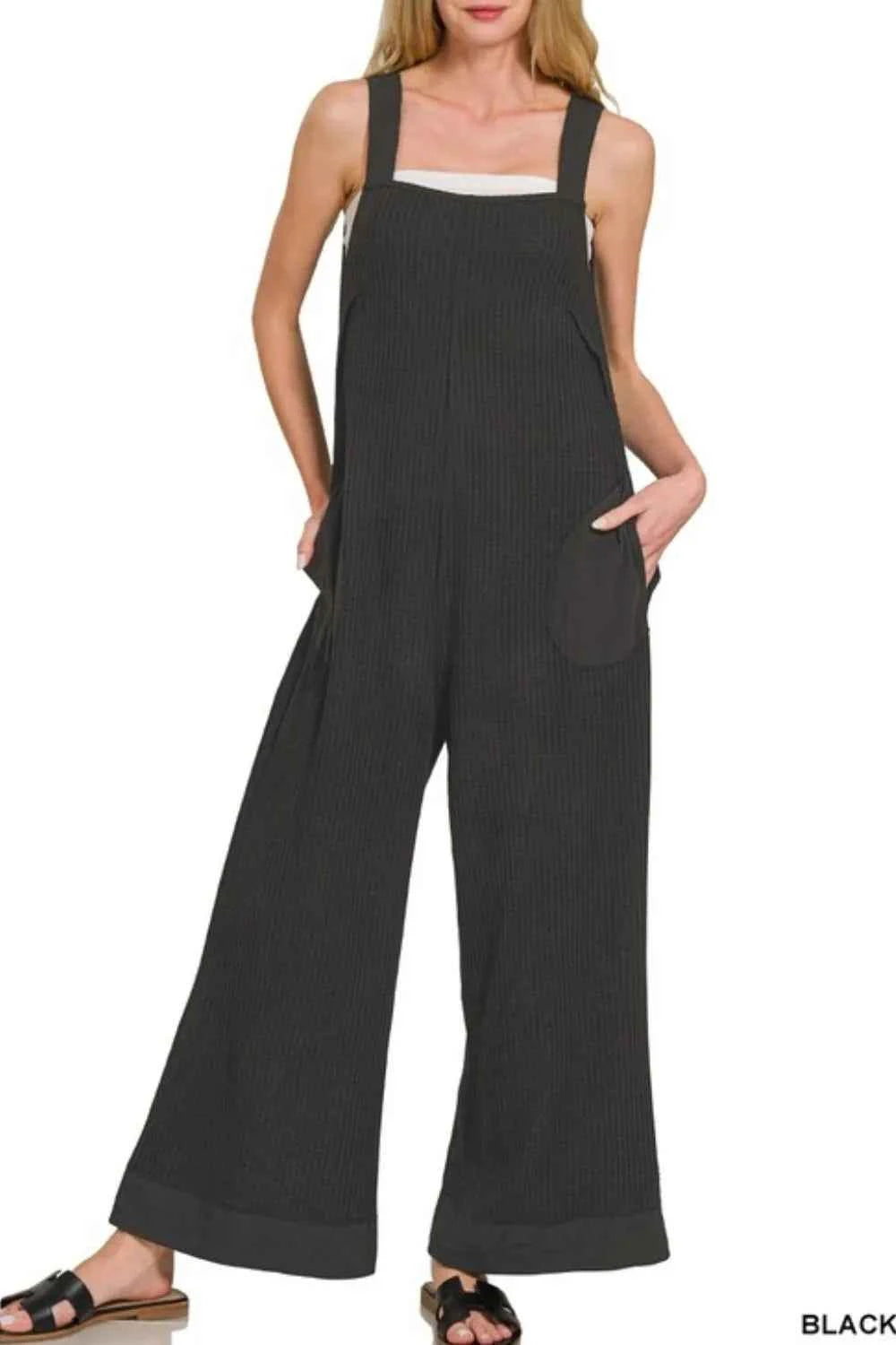 Zenana Knit Waffle Wide Leg Overalls