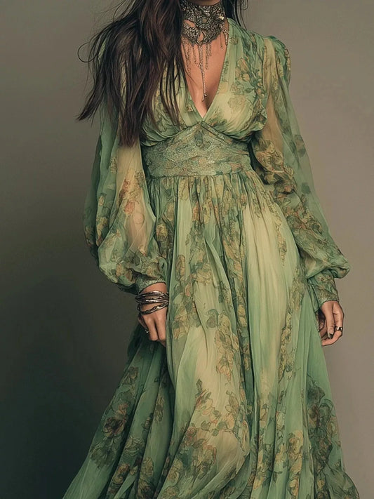 Floral Print V-Neck Maxi Dress with Sheer Detail