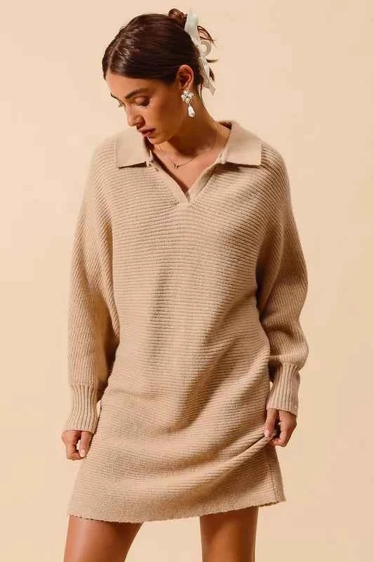 SO ME Ribbed Knit Collar Neck Dress