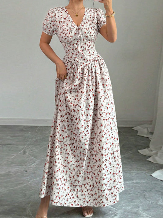 Floral Print Drawstring Smocked V-Neck Maxi Dress