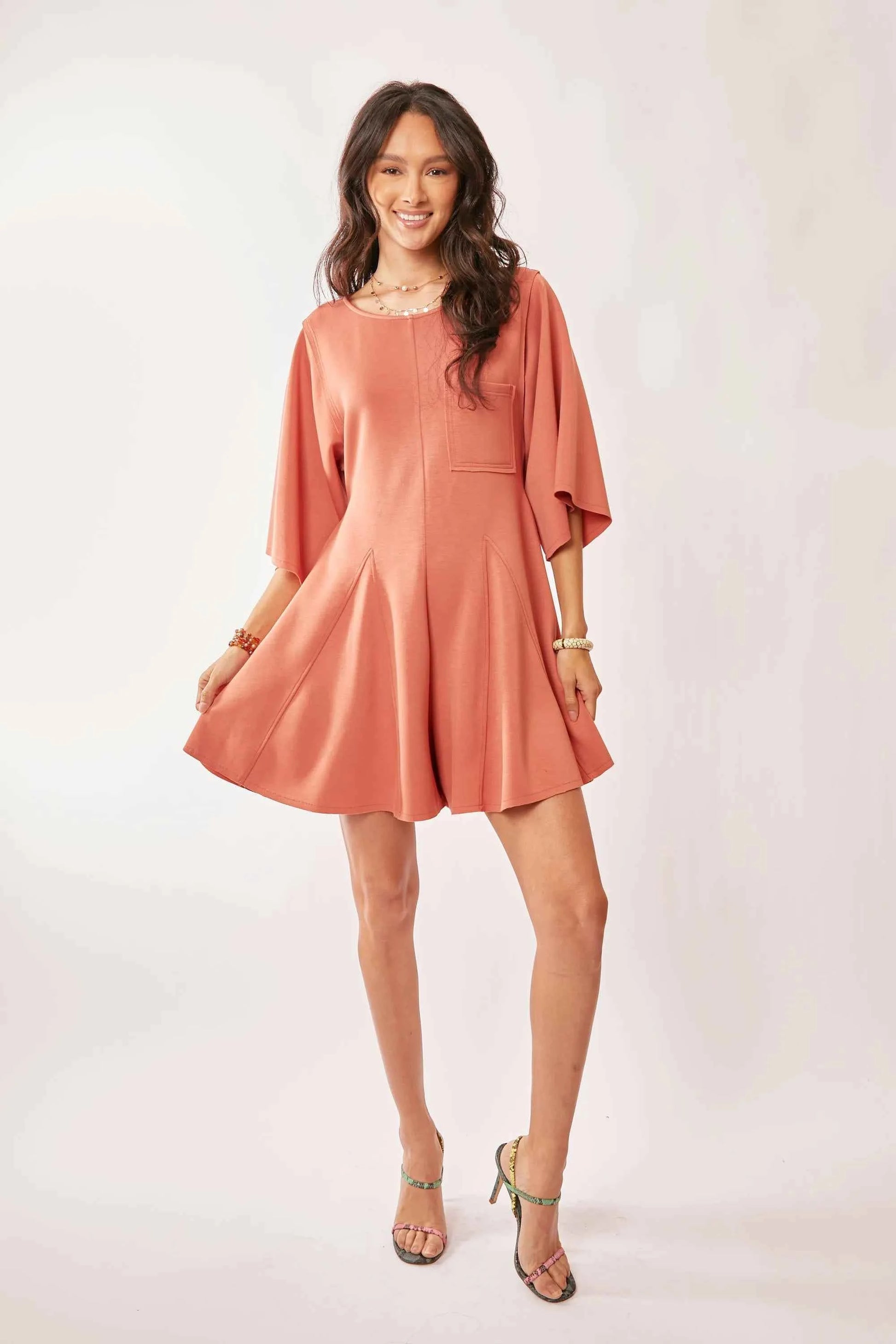 Davi & Dani Solid Draped Sleeve Ties Back Skort Romper