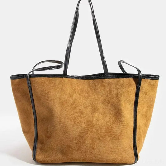 Suede Tote Faux Leather Trim Shoulder Strap — square view — Livostyle