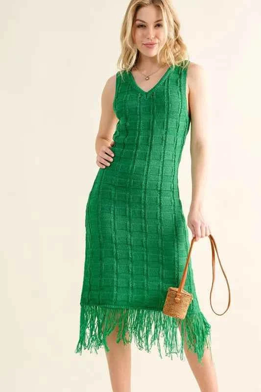And The Why Checkerboard Drop-Needle Fringe Sleeveless Dress