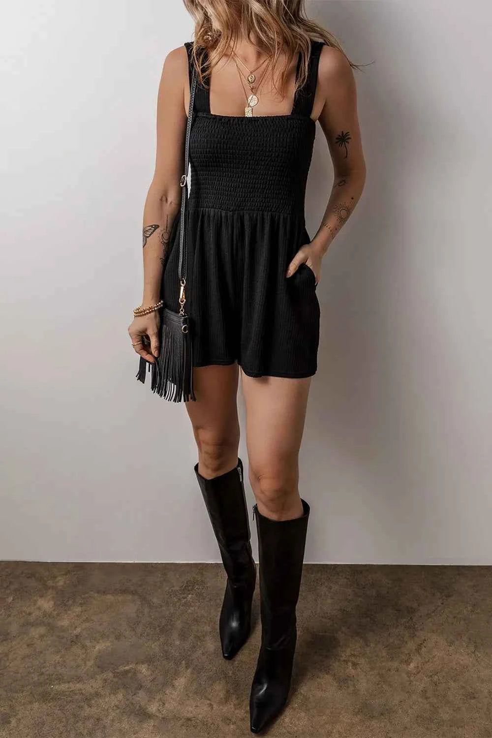 Smocked Bust Textured Knit Sleeveless Romper