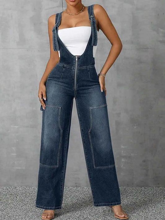Zip Front Wide Strap Denim Overalls