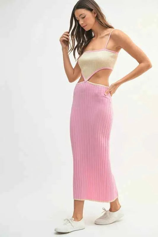 MABLE Ribbed Knit Color Block Cutout Midi Dress