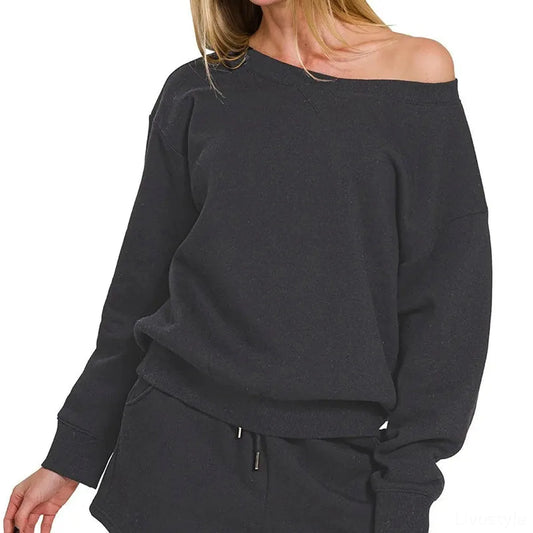 Fleece Boat Neck Sweatshirt and Shorts Set in BLACK — square view — Livostyle