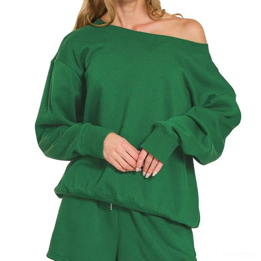 Fleece Boat Neck Sweatshirt and Shorts Set in DK GREEN — square view — Livostyle