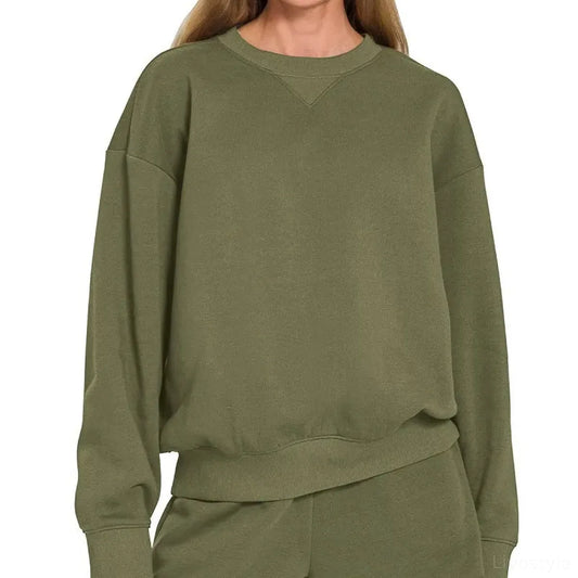 Fleece Long Sleeve Sweatshirts & Shorts Set in DK OLIVE — square view — Livostyle