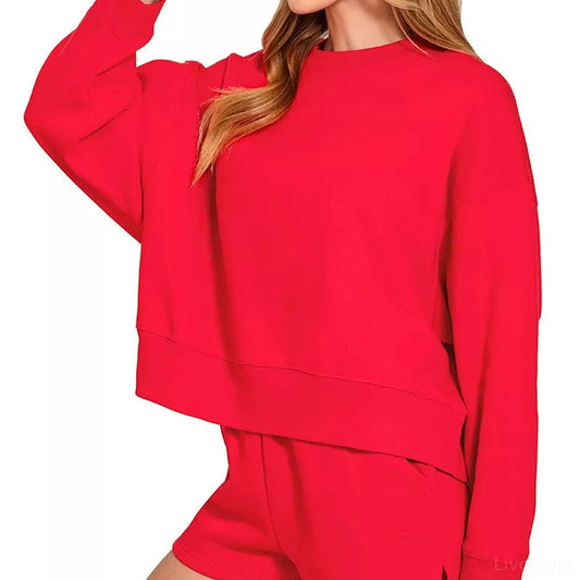 Fleece Round Neck Sweatshirt and Shorts Set in RUBY — square view — Livostyle