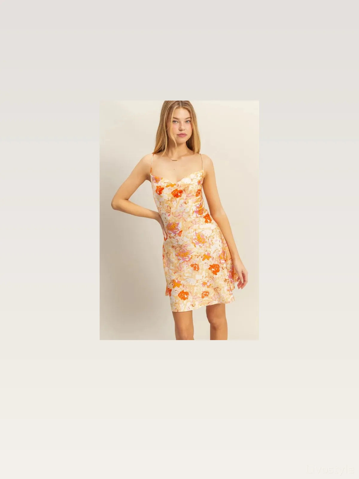 Chic Satin Mini Dress with Floral Print & Cowl Neck — styled showcase — Livostyle