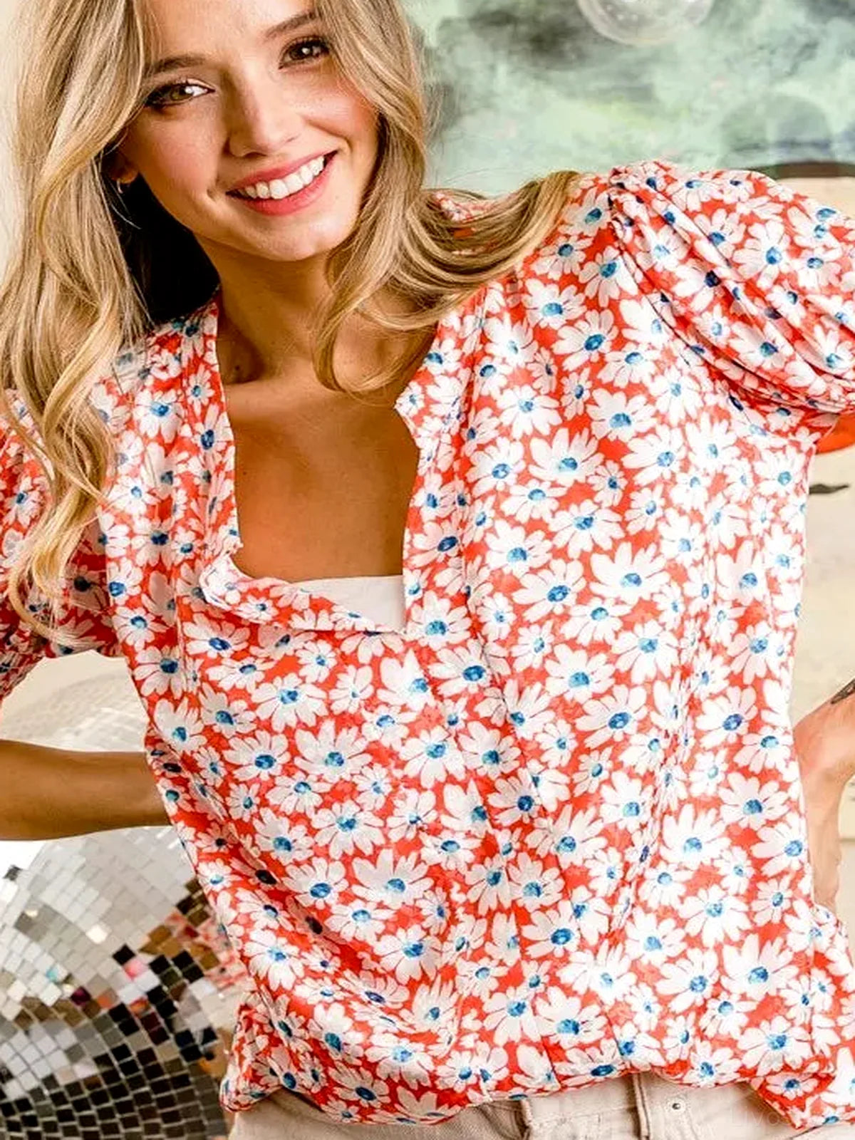 Chic V-Neck Top with Floral Jacquard and Puff Sleeves — detail view — Livostyle