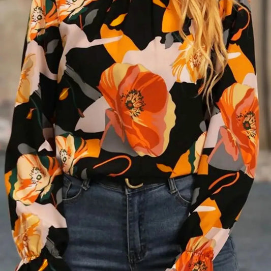 Elegant Floral Mock Neck Blouse with Flounce Sleeves — square view — Livostyle