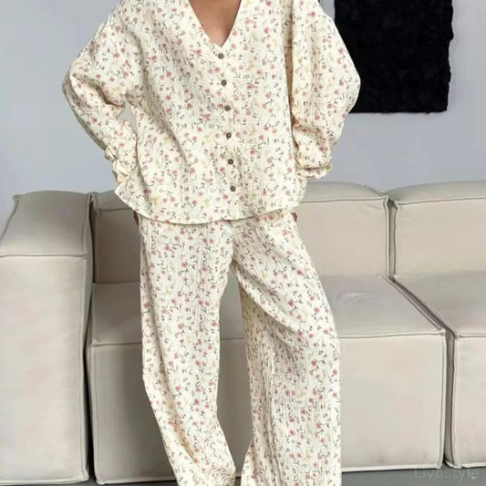 Floral Print Button-Down Top and Pants Lounge Set — square view — Livostyle
